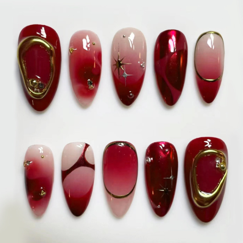 24 pcs Kuku Palsu Almond Merah - Resin Art Online ulasan dan harga
